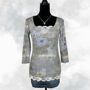 Gray Floral Y2k Barcelona Rhinestone Top